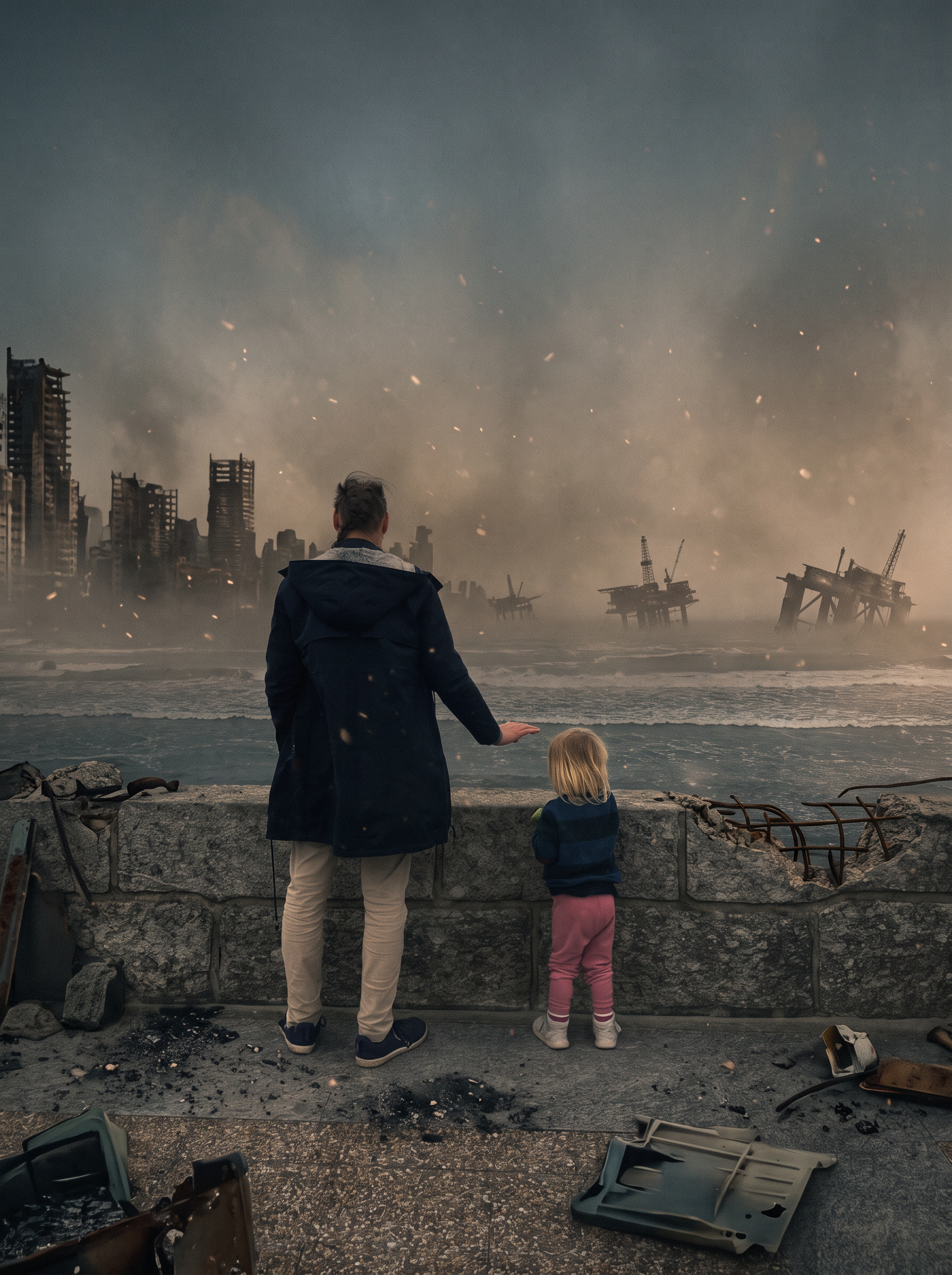 Alex Orlovsky seen from behind, looking out over a ruined coast